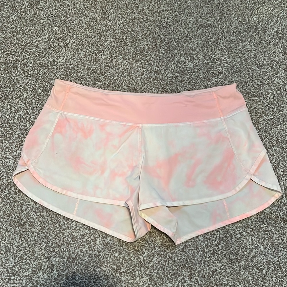 pink and white lululemon speed up shorts